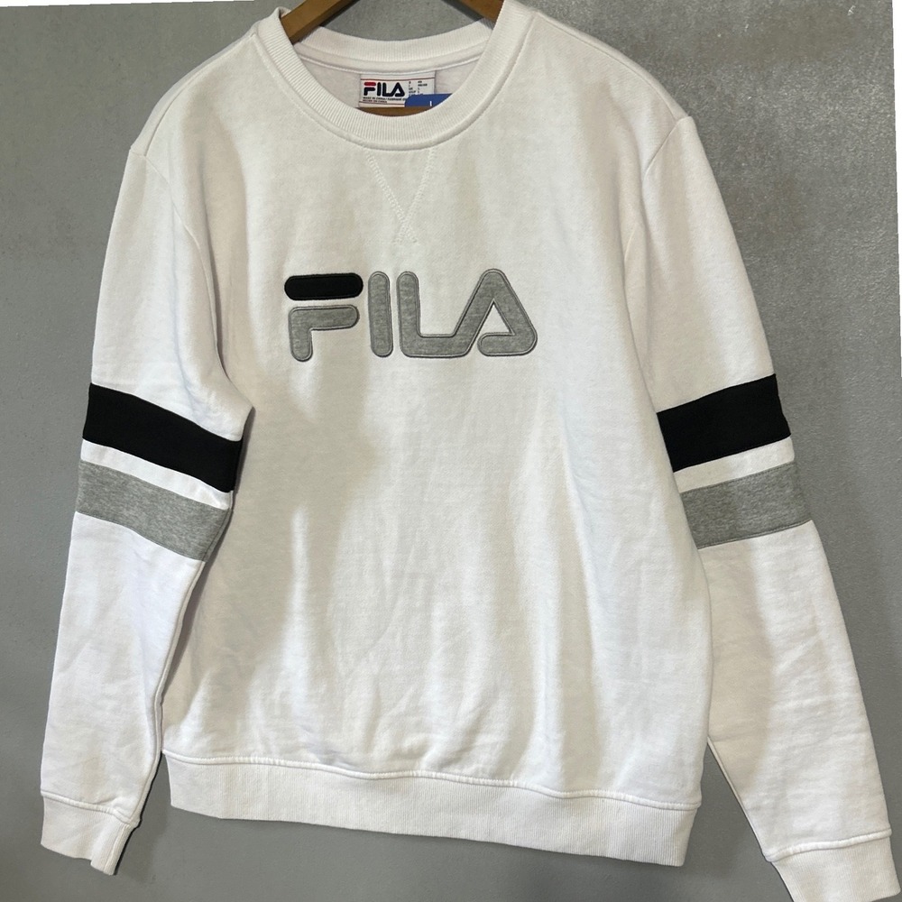 Fila Womens Crewneck Sweatshirt‎ White Logo Fleece Pullover Stripe Large NEW